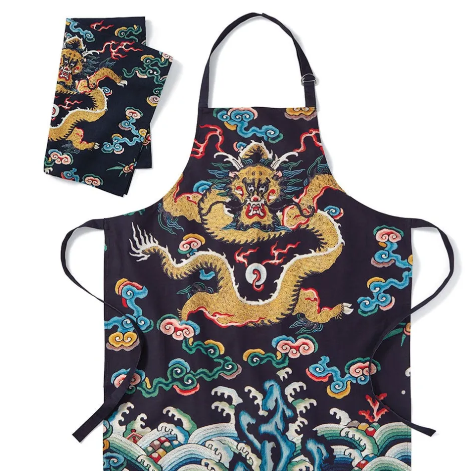 Hot Chinese Dragon Rank Badge Apron and Tea Towel Set Tableware