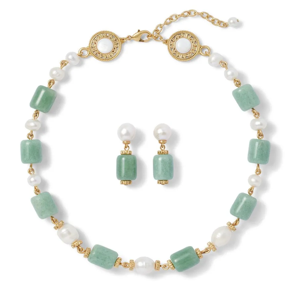 Outlet Karavas Gems Large-Bead Aventurine and Pearl Necklace and Drop Earrings Set Jewelry Sets