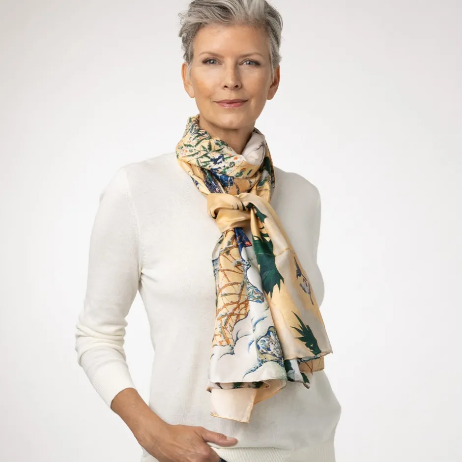 New Momoyama Cranes and Flowers Oversize Silk Shawl Scarves & Wraps