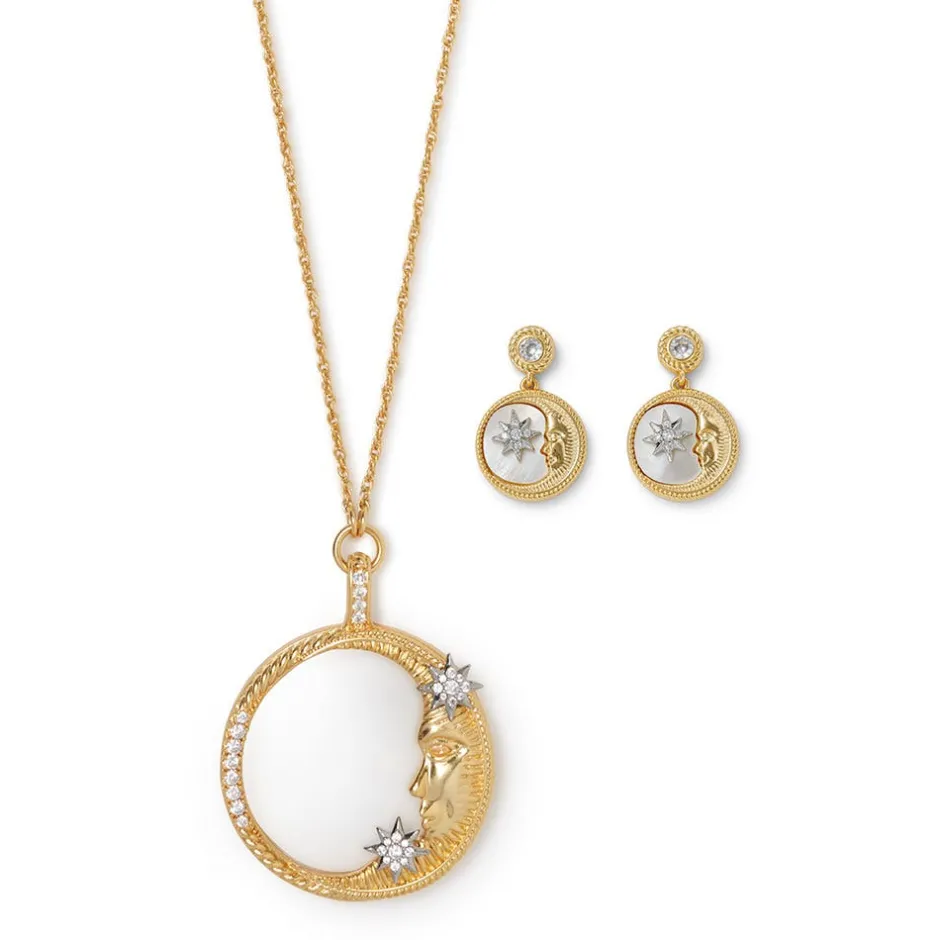 Hot Spanish Day and Night Magnifier Pendant Necklace and Moon Drop Earrings Set Jewelry Sets