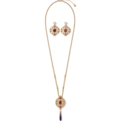 Turkish Amethyst Long Pendant Necklace and Statement Earrings Set Jewelry Sets