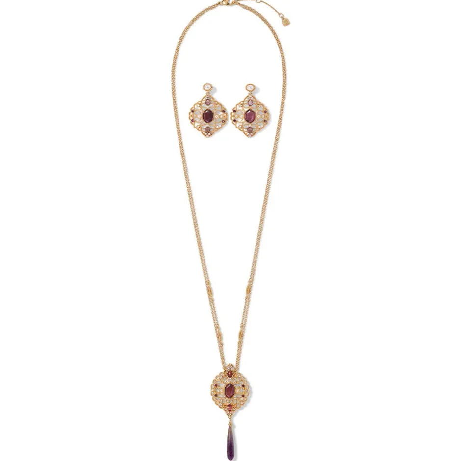 Turkish Amethyst Long Pendant Necklace and Statement Earrings Set Jewelry Sets