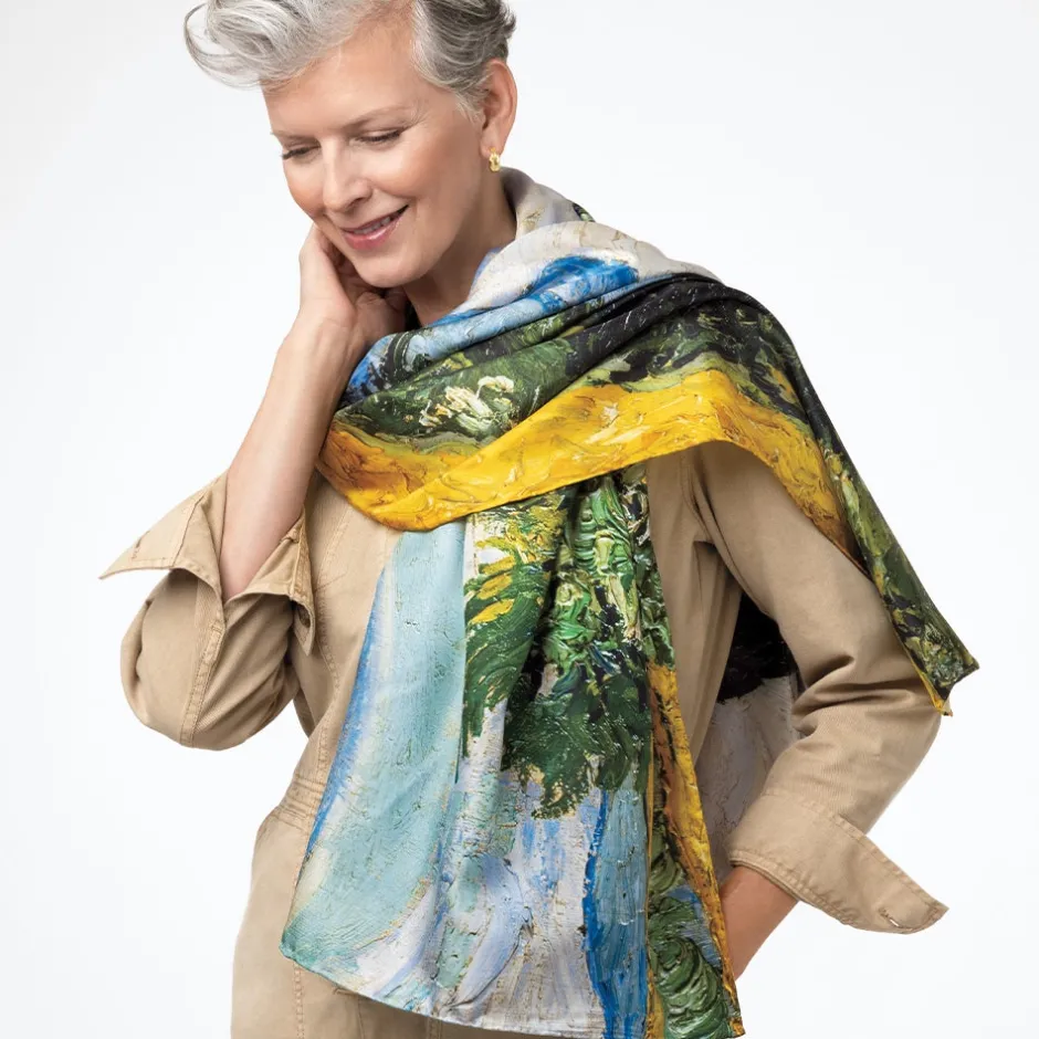 New Van Gogh Wheat Field with Cypresses Oversize Oblong Silk Scarf Scarves & Wraps